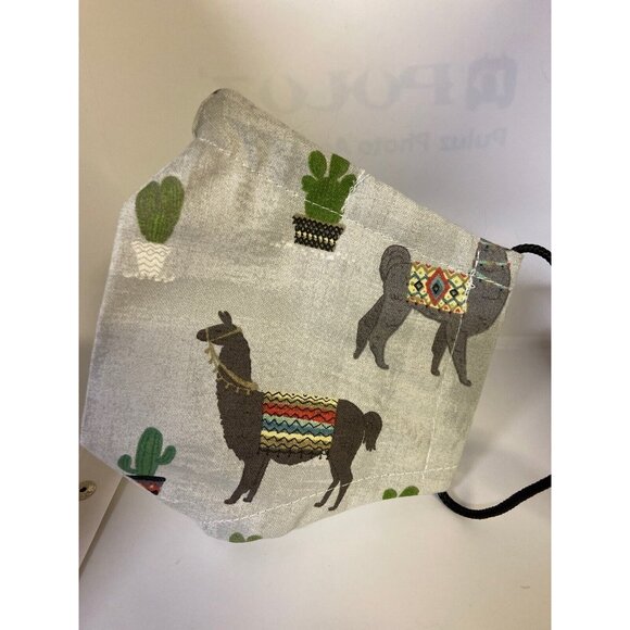 Handmade Face Mask Alpaca Llama Print Adjustable Gray Cotton Blend - Picture 3 of 5